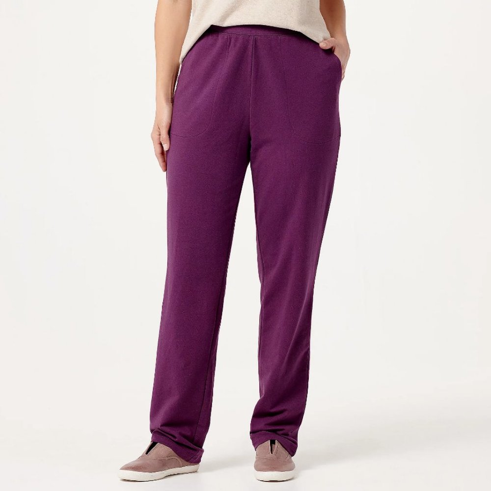NWT DENIM & CO. ACTIVE FRENCH TERRY PULL-ON PANTS DEEP PIUM XXS (TALL)
